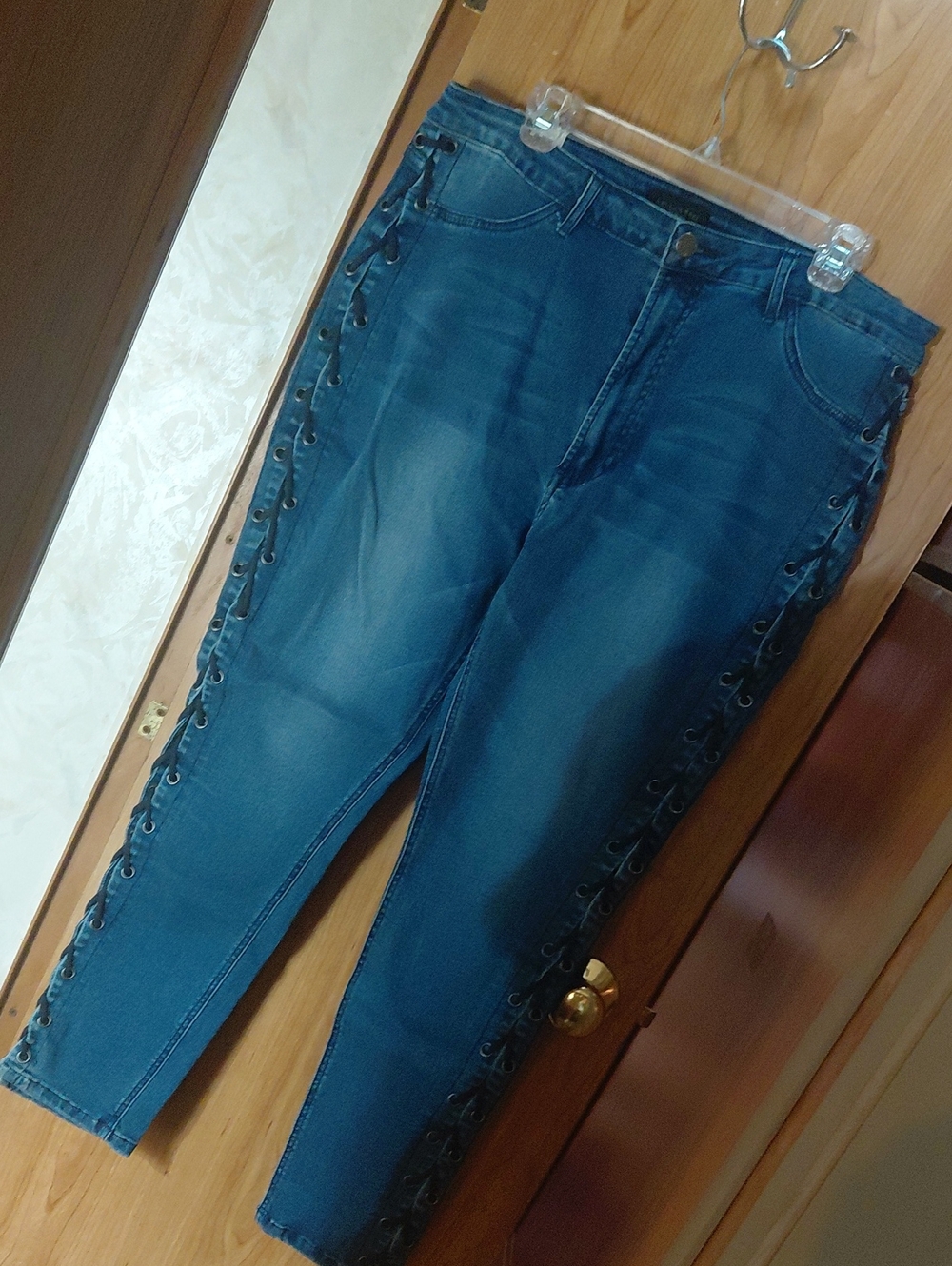 American Bazi Navy Lace-Up Side Skinny Jeans
